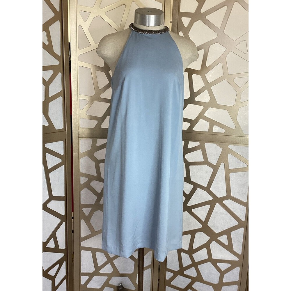 H&M HM Beaded Neckline Sleeveless Shift Dress elegant stretch Sz 6 S Small Blue